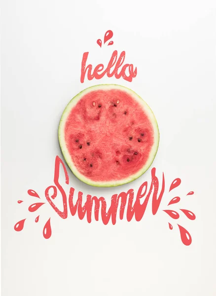 Draufsicht Auf Frische Wassermelonenscheibe Isoliert Auf Weißem Hallo Sommer Schriftzug — Stockfoto