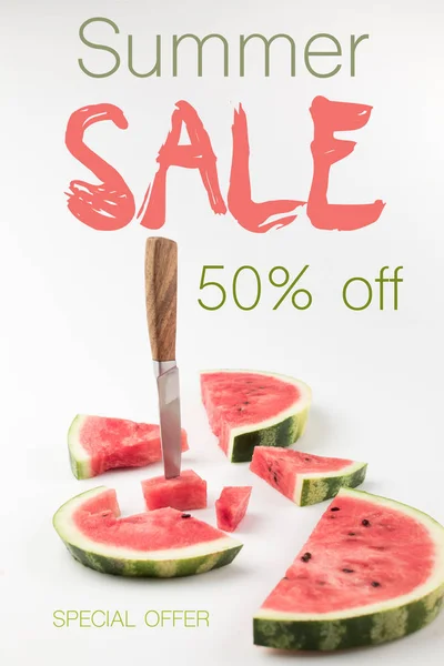 Fresh Watermelon Slices Knife Isolated White Summer Sale Lettering — Stock Photo, Image