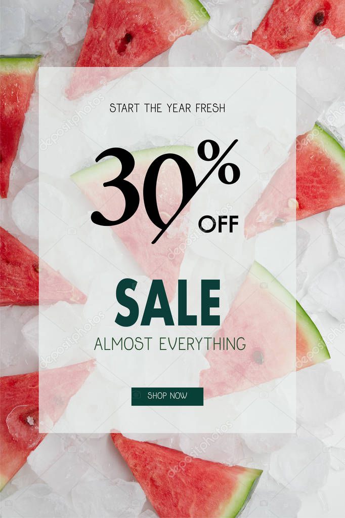 juicy watermelon slices lying on ice cubes with sale and 30 percents discount symbol