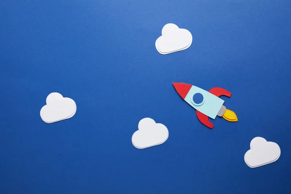 White Clouds Rocket Blue Background — Stock Photo, Image