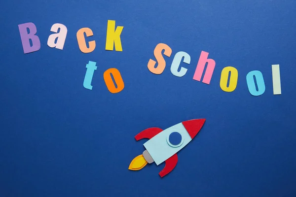 Top View Back School Lettering Rocket Blue Background — Stock Photo, Image
