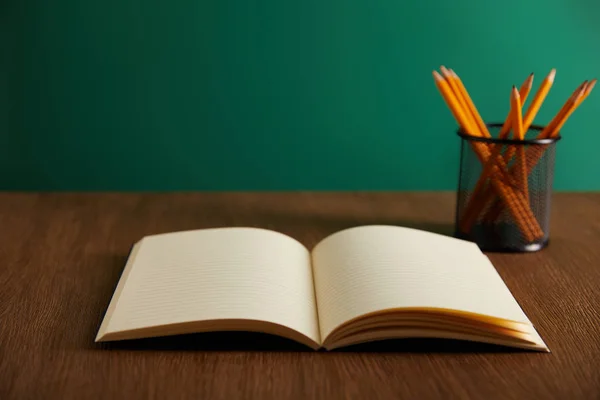 Open Book Pencils Wooden Table — Stock Photo, Image