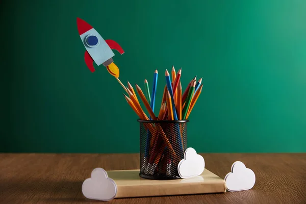 Colorful Pencils Rocket Clouds Book Chalkboard Background — Stock Photo, Image