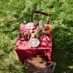 Високий кут зору столу з фруктами і пирогом в саду