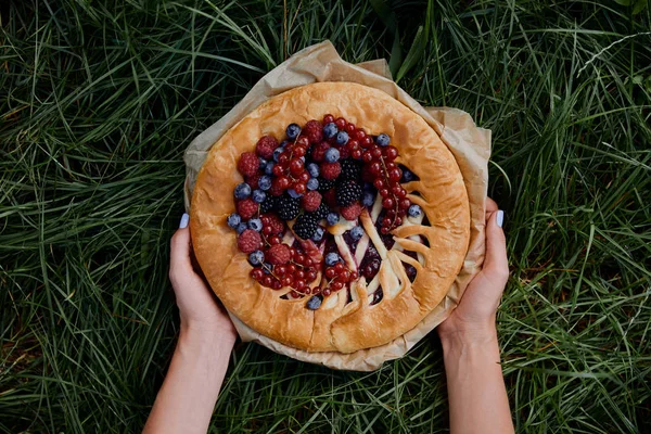 Cropped Image Woman Holding Tasty Berries Pie Green Grass — Free Stock Photo