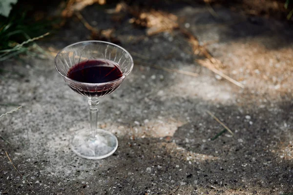 One Glass Red Wine Asphalt Road Garden — Stock Photo, Image