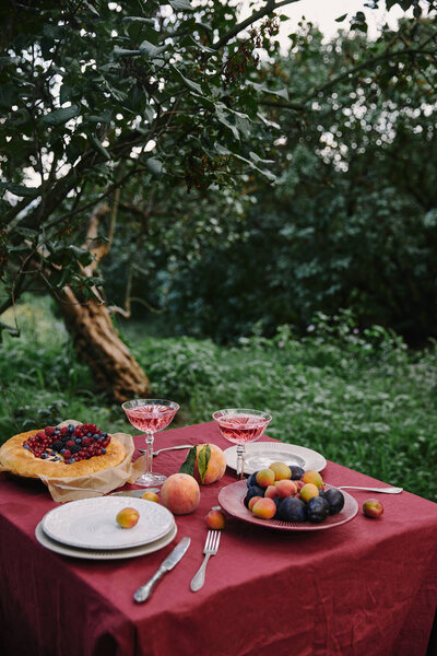 тарелка со сливами, вино и пирог на столе в саду
