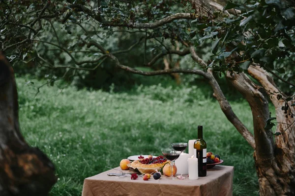 Velas Vasos Con Vino Tarta Mesa Jardín — Foto de Stock