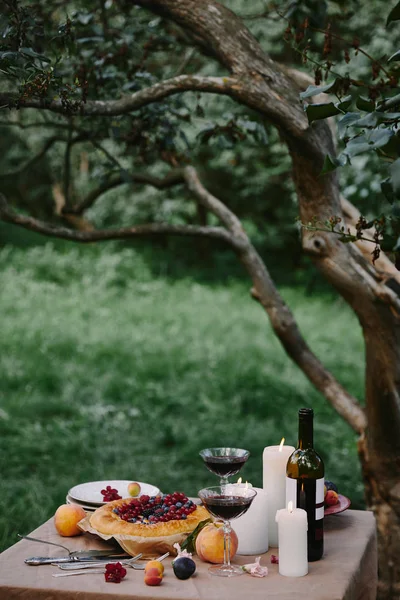 Κεριά Κρασί Και Ορεκτικά Πίτα Στο Τραπέζι Στον Κήπο — Δωρεάν Φωτογραφία