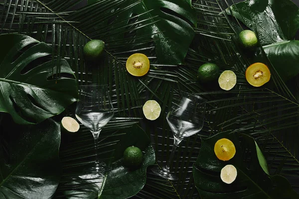 top view of two empty glasses, fresh fruits and green tropical leaves 