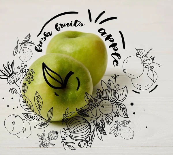 Manzanas Verdes Crudas Sobre Fondo Madera Con Ilustración Floral Frutas — Foto de Stock