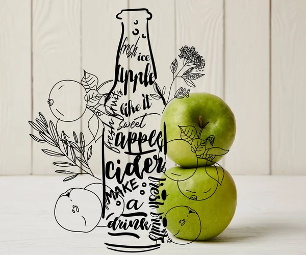 Färska Gröna Äpplen Trä Bakgrund Med Illustration Cider Flaska — Stockfoto