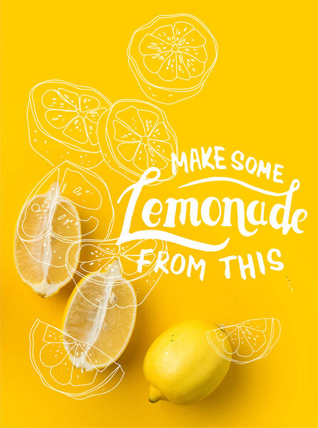 Two halves of lemon and single lemon isolated on yellow with "Make some Lemonade from this" lettering and illustration