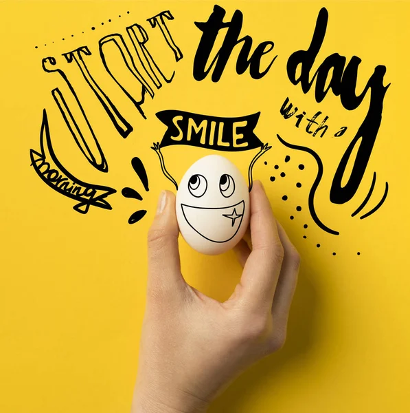 Cropped Image Woman Holding Egg Isolated Yellow Start Day Smile — Stock Photo, Image