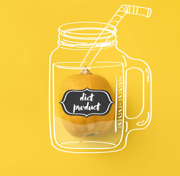 One ripe pumpkin isolated on yellow with "diet product" lettering on illustration of drinking jar with straw