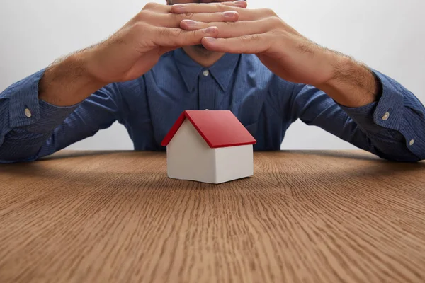 Cropped Shot Man Holding Hands House Model Insurance Concept — Stock Photo, Image