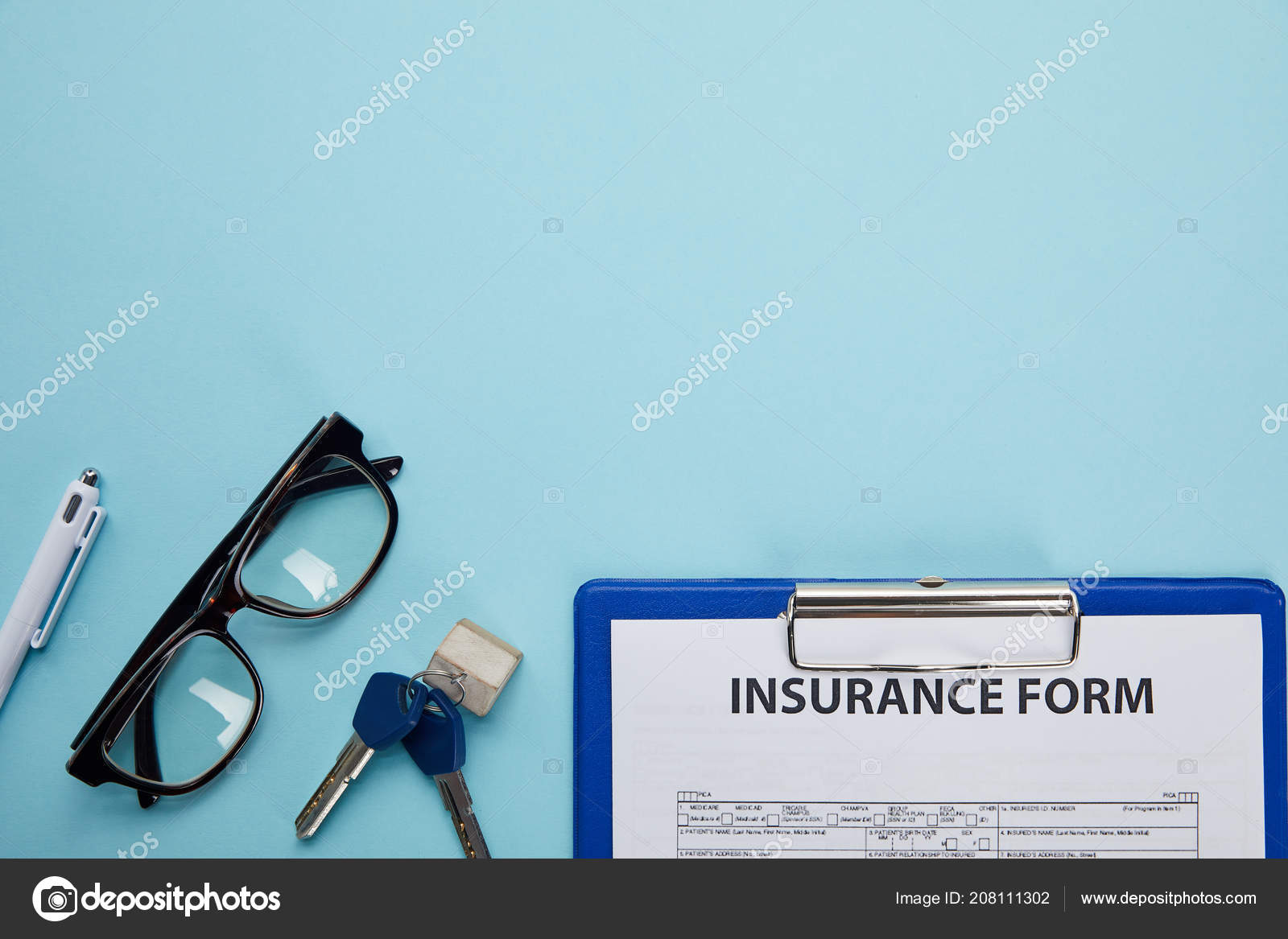 Close View Insurance Form Eyeglasses Pen Keys Isolated Blue — Stock