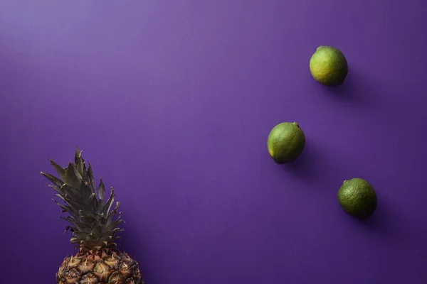 Vue Dessus Ananas Des Citrons Verts Sur Surface Violette — Photo gratuite