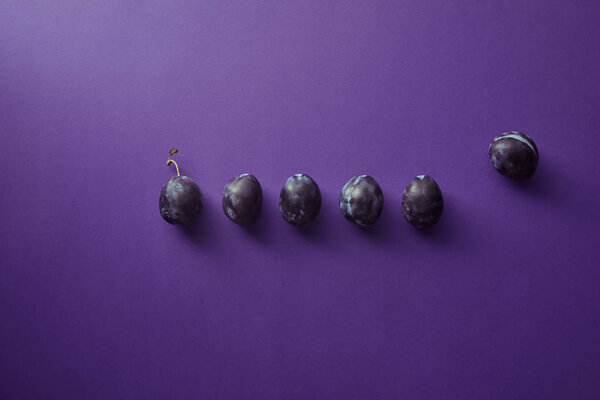 top view of ripe plums on violet surface