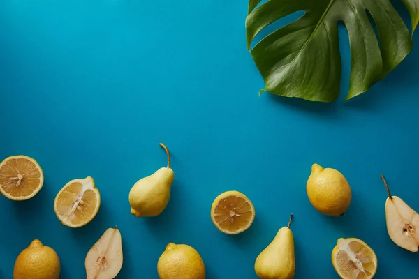 Top View Palm Tree Leaf Pears Lemons Blue Surface — Stock Photo, Image