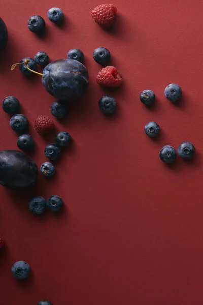 Erhöhter Blick Auf Blaubeeren Himbeeren Und Pflaumen Auf Roter Oberfläche — kostenloses Stockfoto