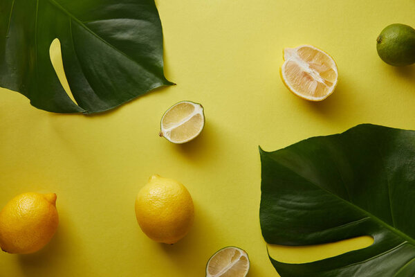 top view of palm tree leaves and lemons on yellow surface