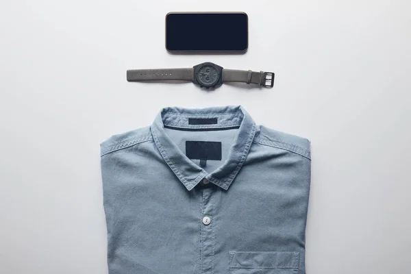 Top View Shirt Smartphone Wristwatch Isolated White — Free Stock Photo