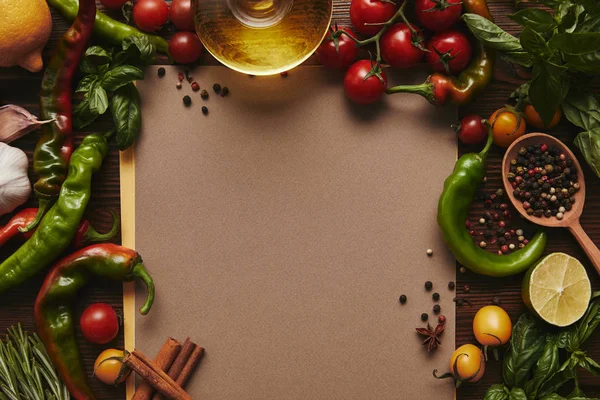 Top View Blank Menu Fresh Vegetables Spices Herbs Wooden Surface — Stock Photo, Image