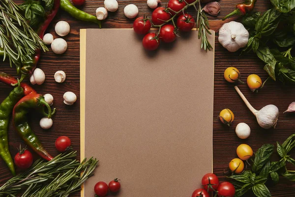 Top View Blank Menu Fresh Vegetables Herbs Wooden Surface — Stock Photo, Image