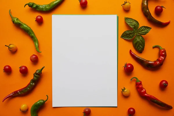 Top View Blank Card Fresh Tomatoes Basil Peppers Orange — Stock Photo, Image