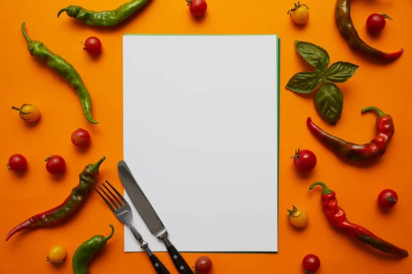 Top View Blank Card Cutlery Fresh Tomatoes Basil Peppers Orange — Foto Stok Gratis