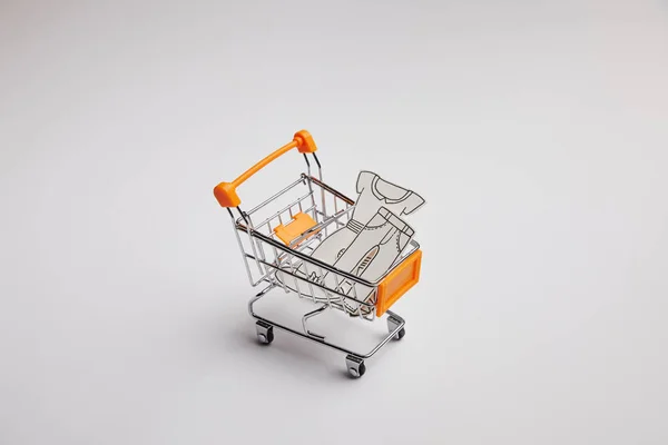 Close View Shopping Cart Little Clothes Made Paper Grey Background — Stock Photo, Image