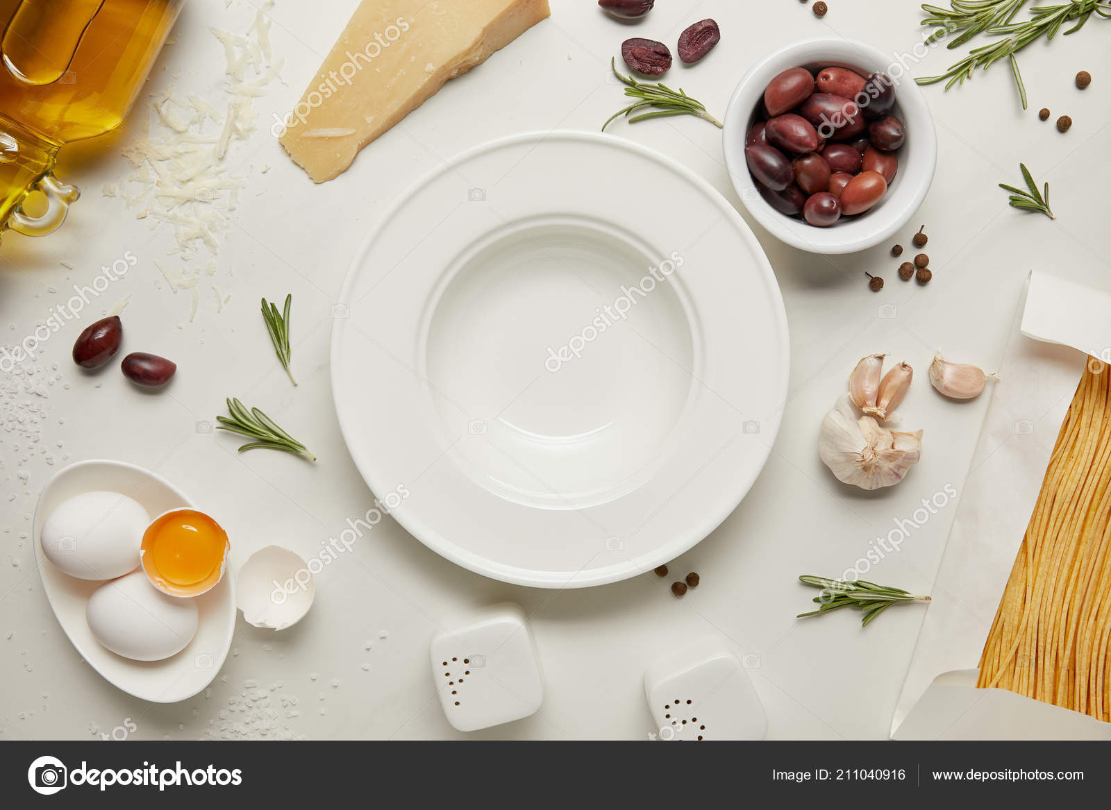 Flat Lay Empty Plate Pasta Ingredients White Marble Surface Stock Photo Image By C Antonmatyukha 211040916