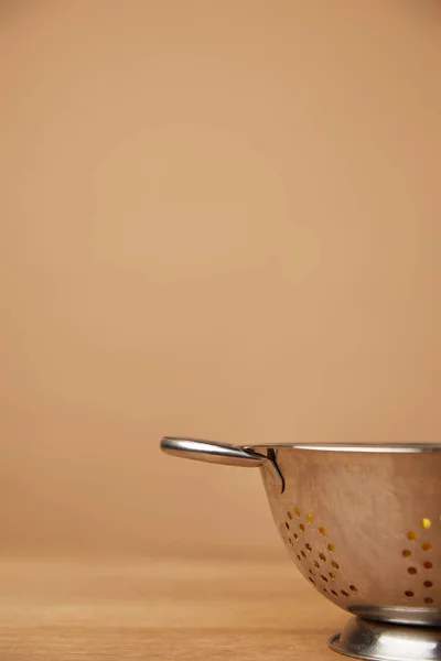 Close Shot Metal Colander Macaroni Wooden Table — Free Stock Photo