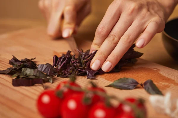 Cropped Shot Woman Cutting Basil Leaves — Stock Photo, Image