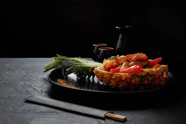 Gourmet Traditional Japanese Dish Served Halved Pineapple Chopsticks — Stock Photo, Image