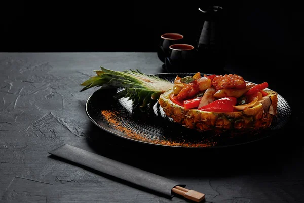 Delicious Japanese Dish Served Halved Pineapple Chopsticks — Stock Photo, Image