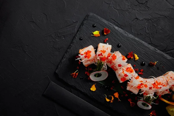 Top view of delicious roll in mamenori with shrimp, salmon and avocado on slate board — Stock Image Top View Delicious Roll Mamenori Shrimp Salmon Avocado Slate Board Royalty Free Stock Photos