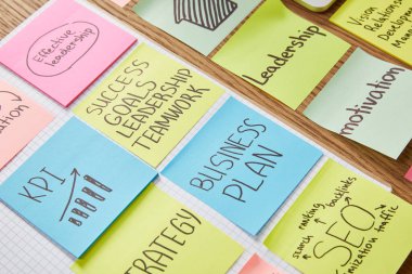 paper stickers with words teamwork, business plan and seo on tabletop clipart