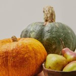 Close up of autumnal harvest with pumpkins and ripe yummy pears on table