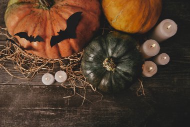 kabaklar, mumlar ve kağıt yarasalar yükseltilmiş görünümünü masada, Cadılar Bayramı kavramı