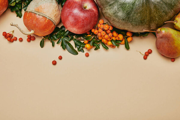 top view of autumnal decoration with pumpkins, apple, pears and firethorn berries on table