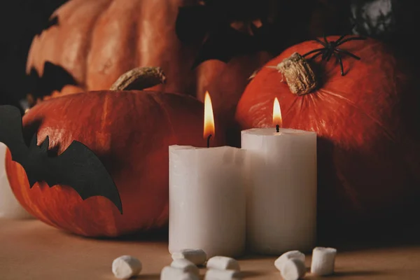 Κεριά Φλόγα Κολοκύθες Και Χαρτί Νυχτερίδες Στο Τραπέζι Απόκριες Έννοια — Δωρεάν Φωτογραφία