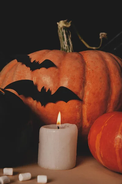 Pumpor Ljus Marshmallows Och Papper Fladdermöss Bord Halloween Koncept — Gratis stockfoto
