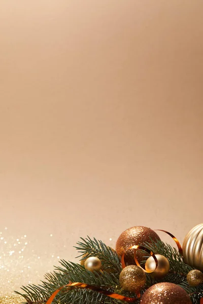 Glittering Christmas Balls Pine Branch Isolated Beige — Stock Photo, Image
