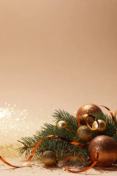 Glittering Golden Christmas Balls Christmas Tree Branch Tabletop — Stock Photo, Image