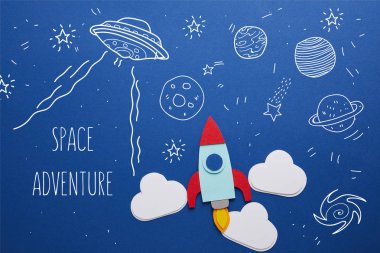 clouds and rocket on blue background with universe icons and 
