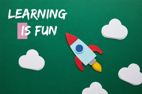 Top View Rocket Clouds Green Chalkboard Learning Fun Lettering — Stock Photo, Image