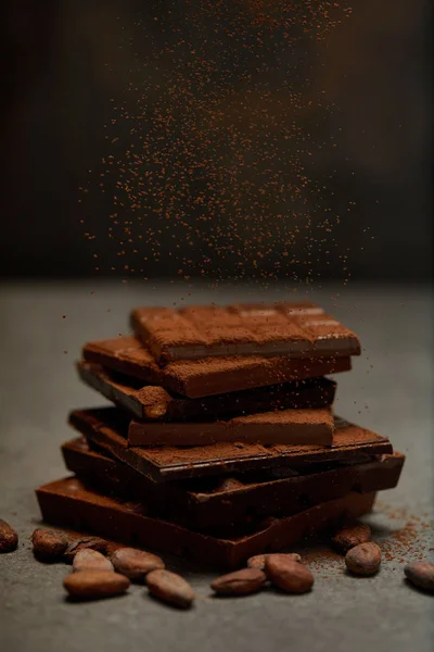 Süße Gourmet Schokoladenstücke Mit Kakaopulver Nüssen Und Kakaobohnen Auf Grau — Stockfoto