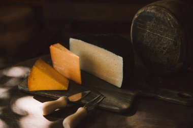 lezzetli peynir rustik ahşap masa üzerinde peynir çatal bıçak takımı ile çeşitli türlü